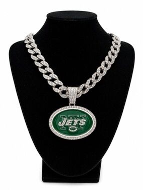 NFL New York Jets Iced Out Cuban Link Chain Football Pendant Necklace